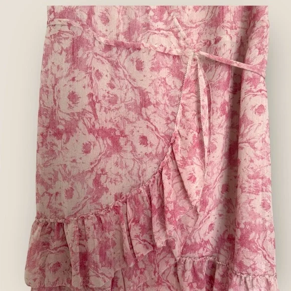 AllSaints Pink Floral Wrap Dress Size Small Ruffle Hem